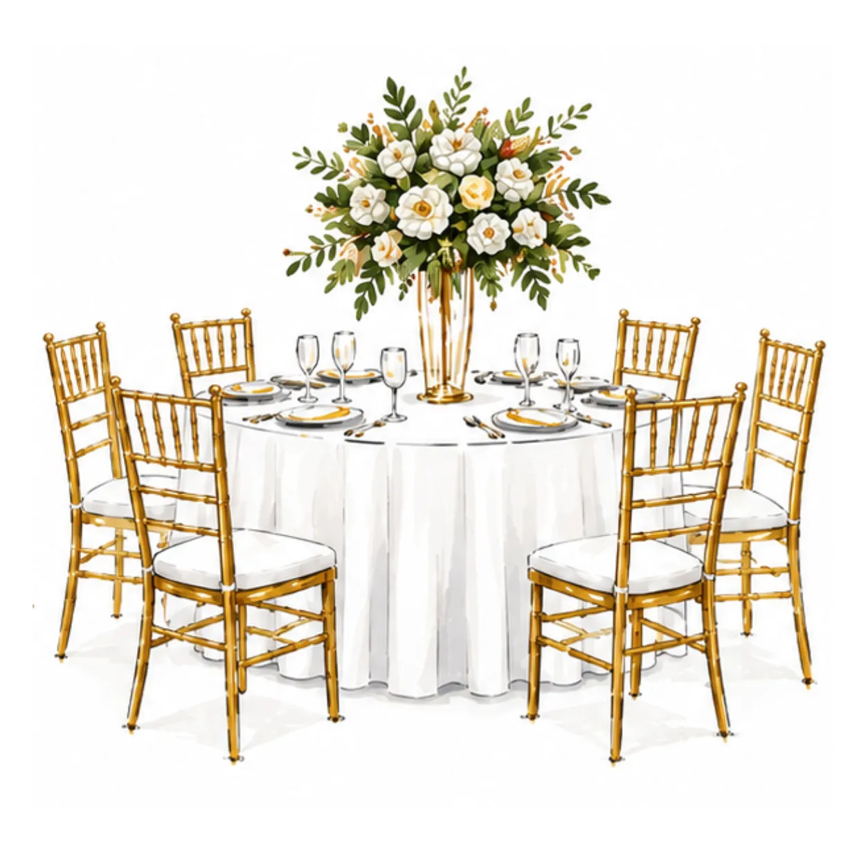 Illustration of a round banquet table with floral centerpiece and gold chiavari chairs
