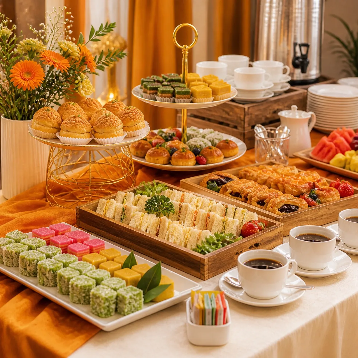 Tea Break Buffet with savoury bites, pastries, kuih and fruit