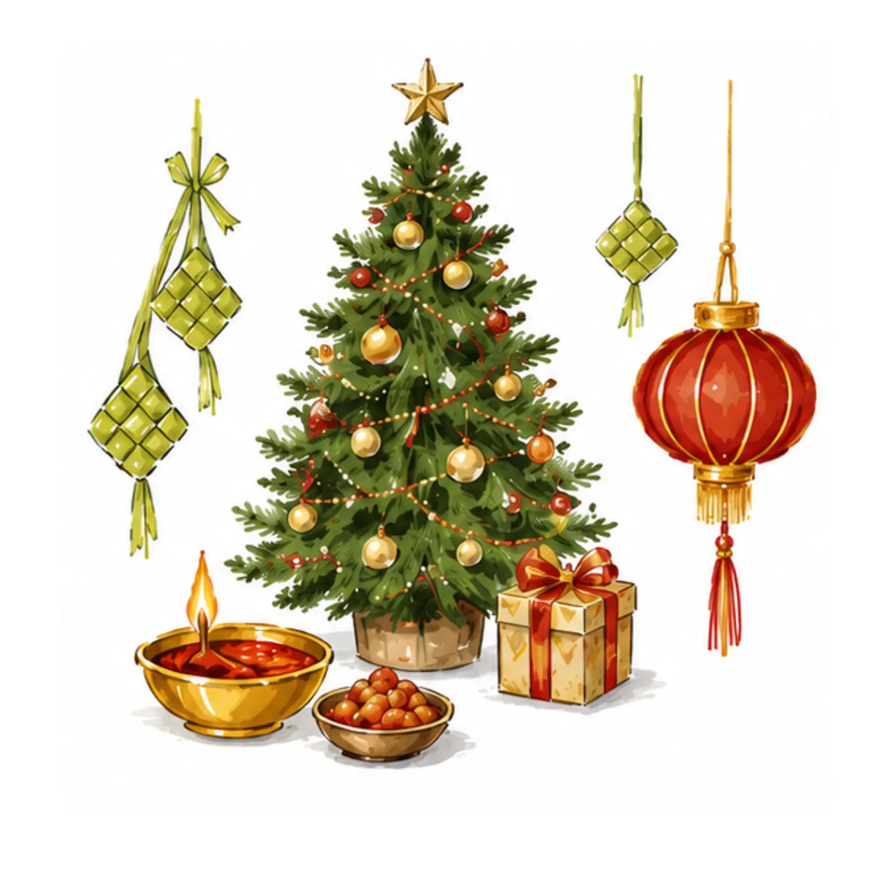 Illustration of a decorated Christmas tree, red lantern and festive gift box